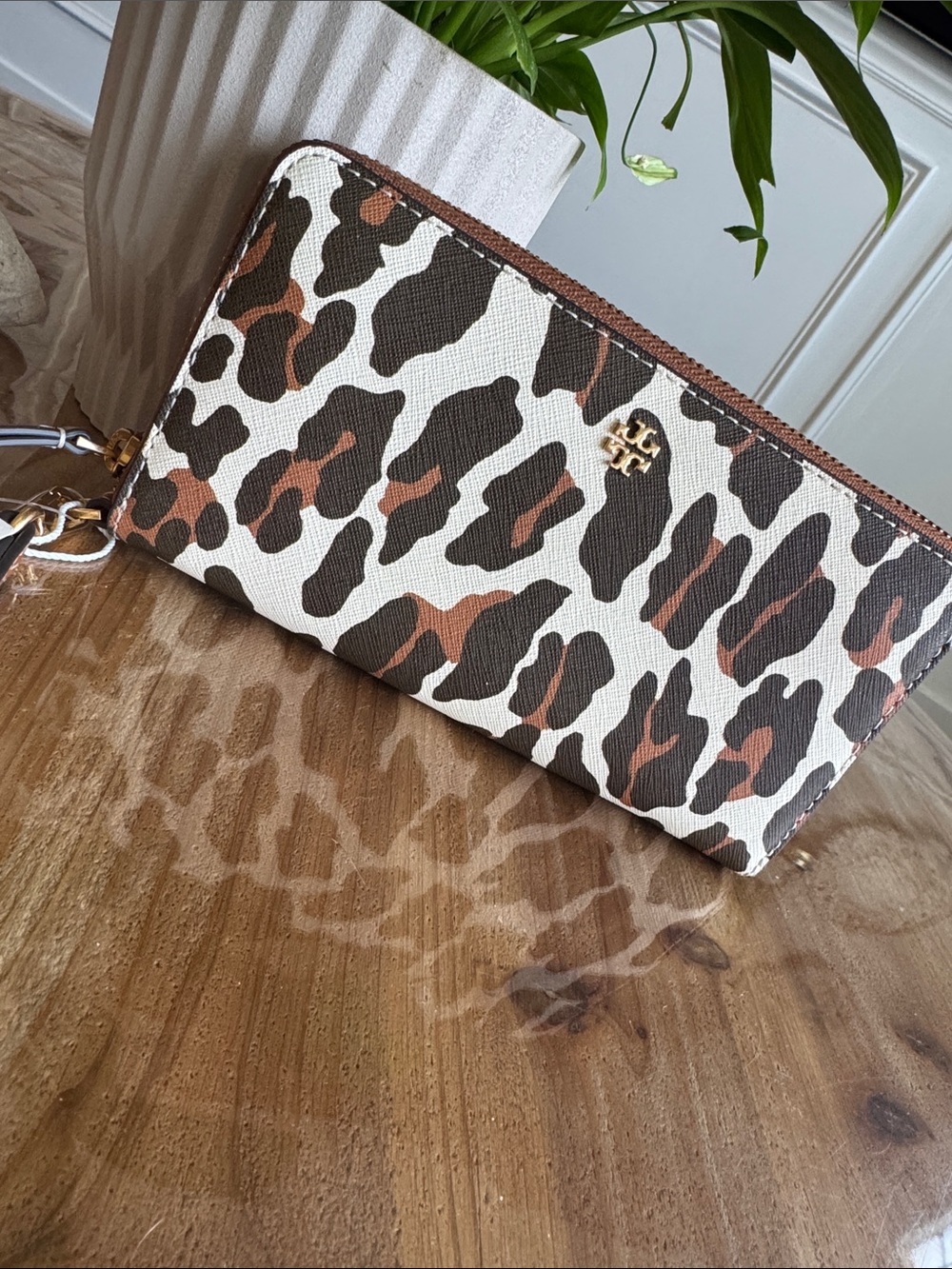 Tory Burch Leopard-Print Zip Wallet in White, Brown, Black